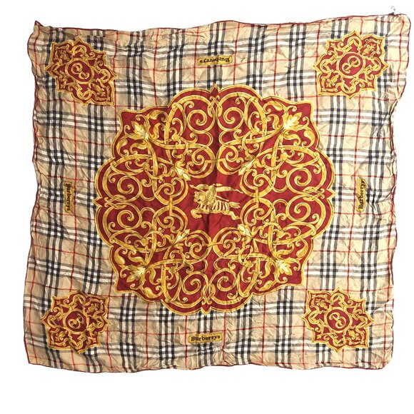 Vintage Burberry Multi-Color Prorsum Print Gold Red Tan Silk Scarf Stole Scarves - Picture 1 of 12